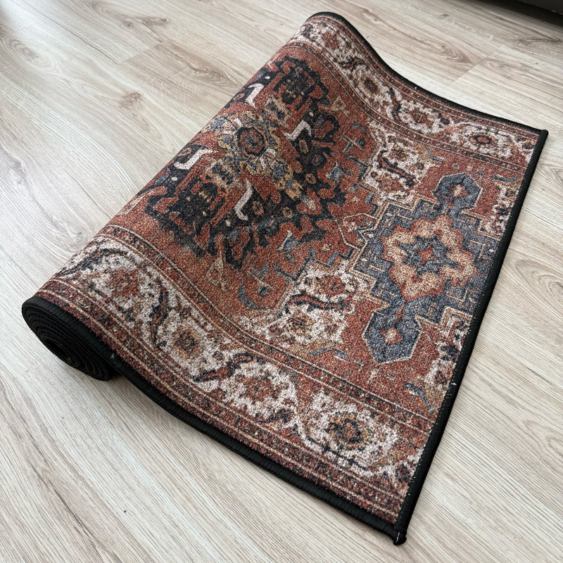 Antiq Red Medallion Design Anti-Slip Carpet, Runner 3' x 7'