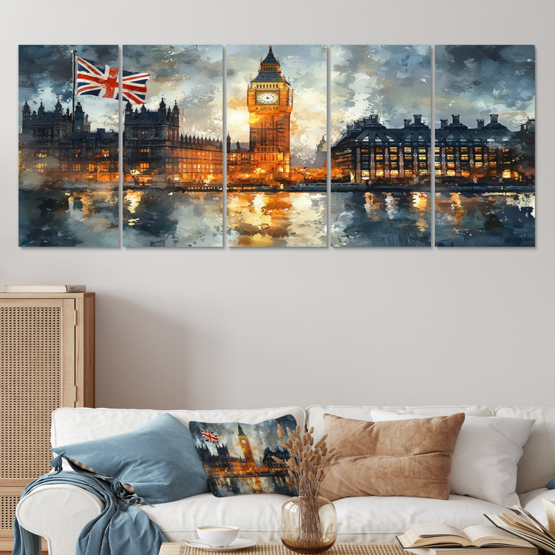 London Big Ben Landscape Glow II - City London Wall Decor - Art mural traditionnel 5 pièces, H 28 po x l 60 po