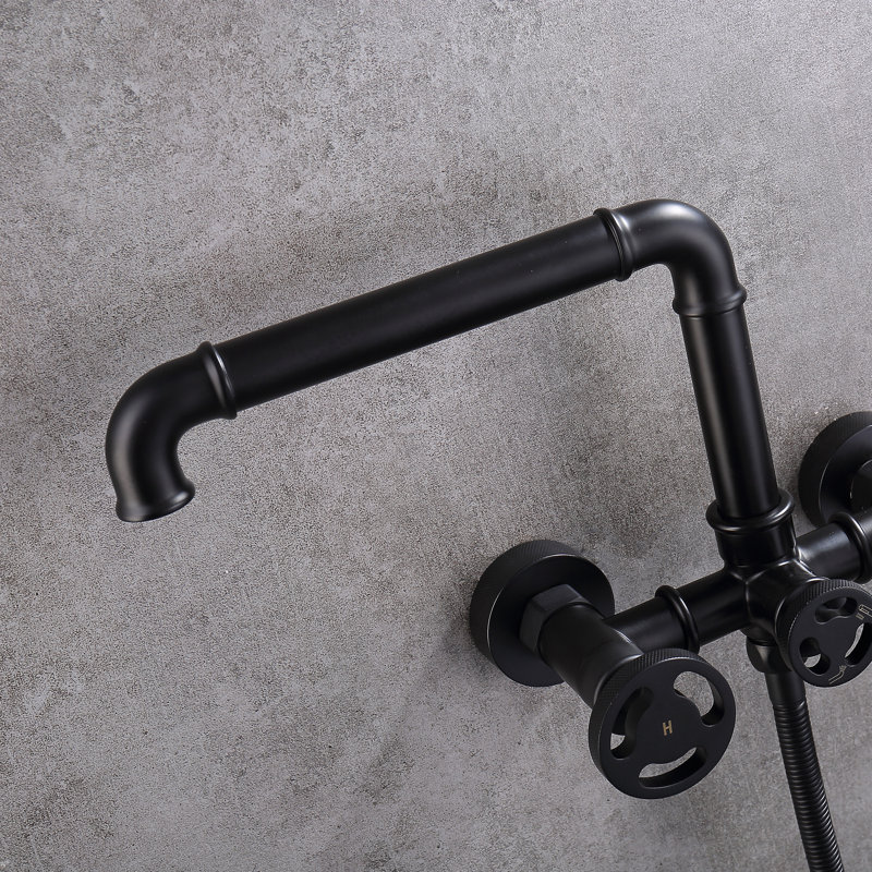 3 Handle Wall Clawfoot Tub Faucet with Diverter, Matte Black