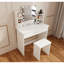 Table de coiffeuse Arista avec un tiroir, miroir ajustable, grandes tablettes ouvertes, tabouret confortable, design moderne, blanc antique, panneau de particules +, miroir 48,44 po de hauteur, rangement, élégant assorti