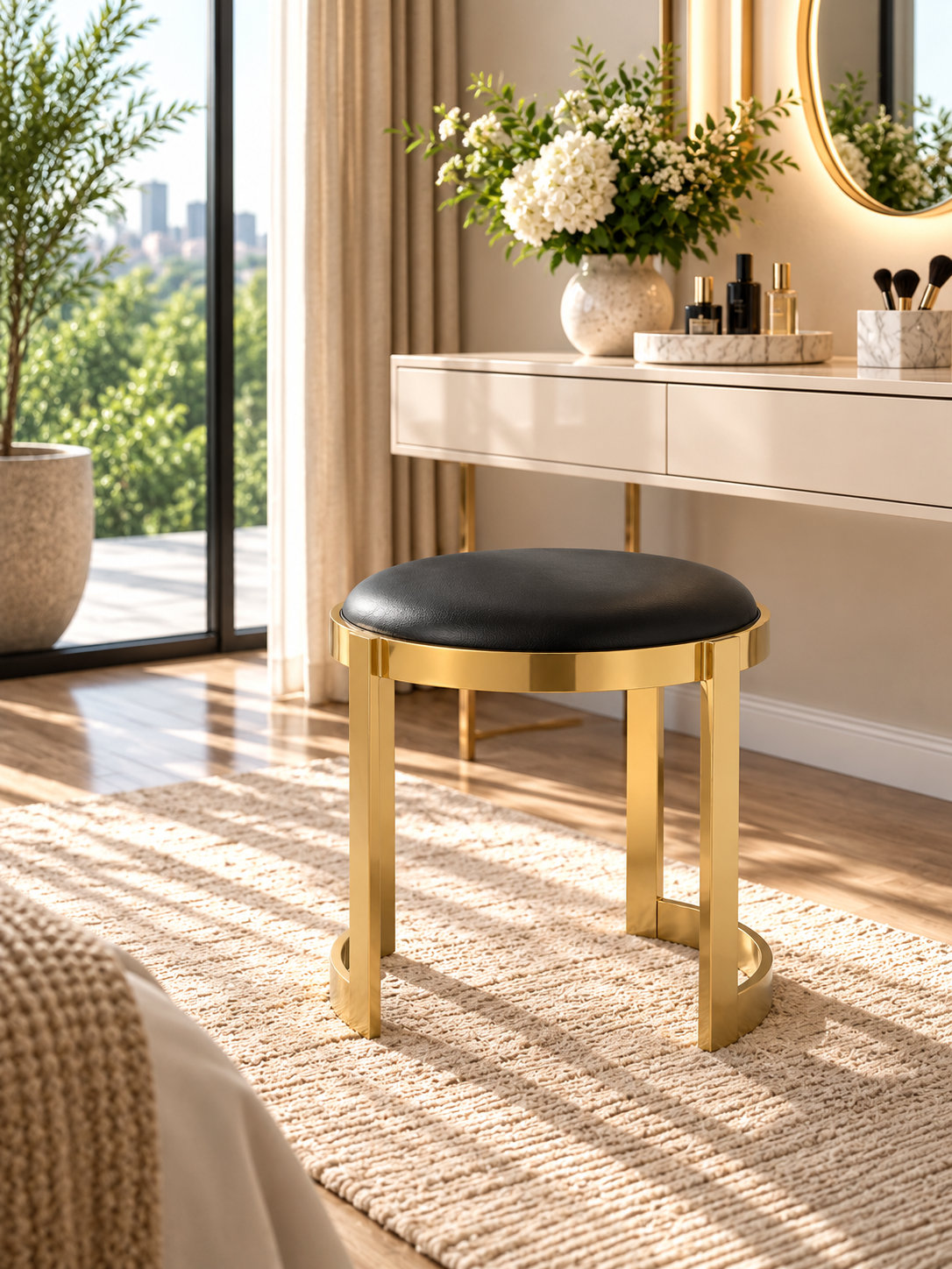 Nouri Accent Vanity Stool, Gold, Black Faux Leather