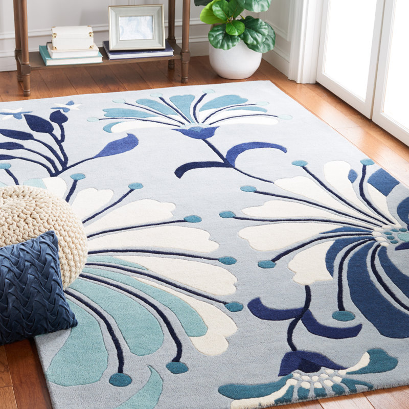 Tapis bleu / ivoire en laine / coton touffeté à la main Soho, Rectangle 2 pi x 3 pi
