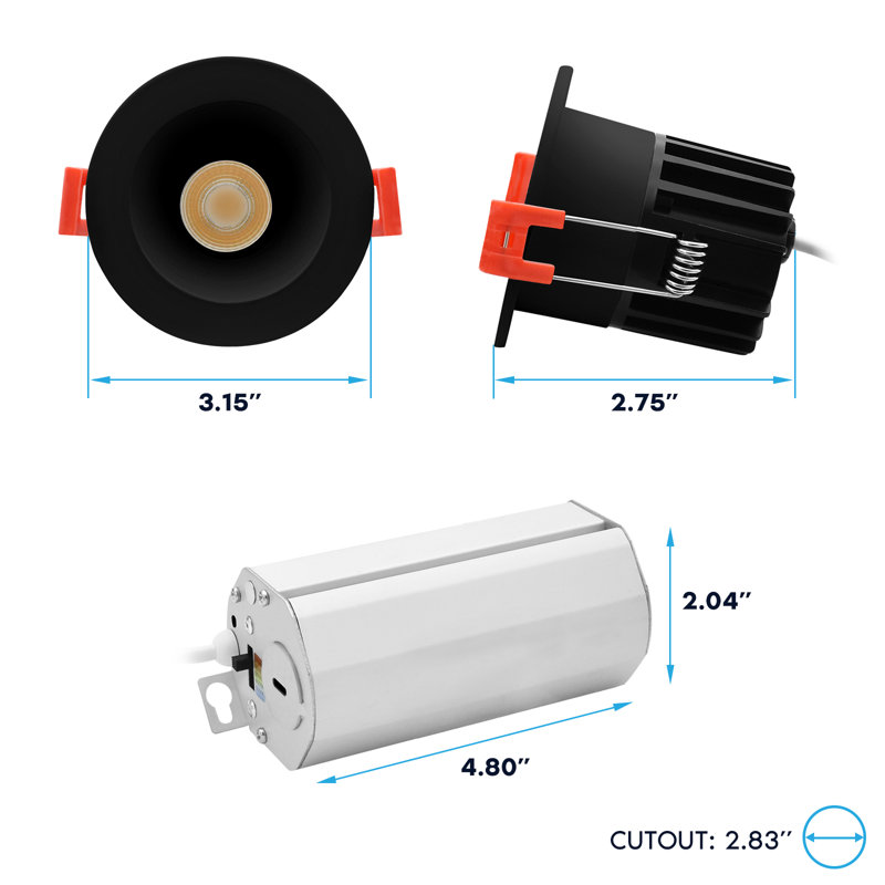 Luxrite 2 po Éclairage à DEL sans lumière régressé avec garniture ronde noire interchangeable, 5CCT, CRI90, 8W, 600LM, faisceau 38 °, à intensité variable, 120V, homologué ETL