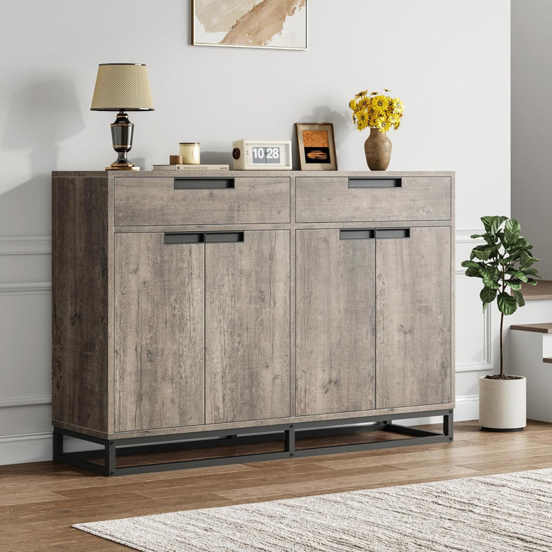 Kitchen Buffet Cabinet 55 Inch Large Modern Sideboard with 2 Drawers and 4 Doors, Coffee Bar Buffet Table for Kitchen and Dining Room, Gray
