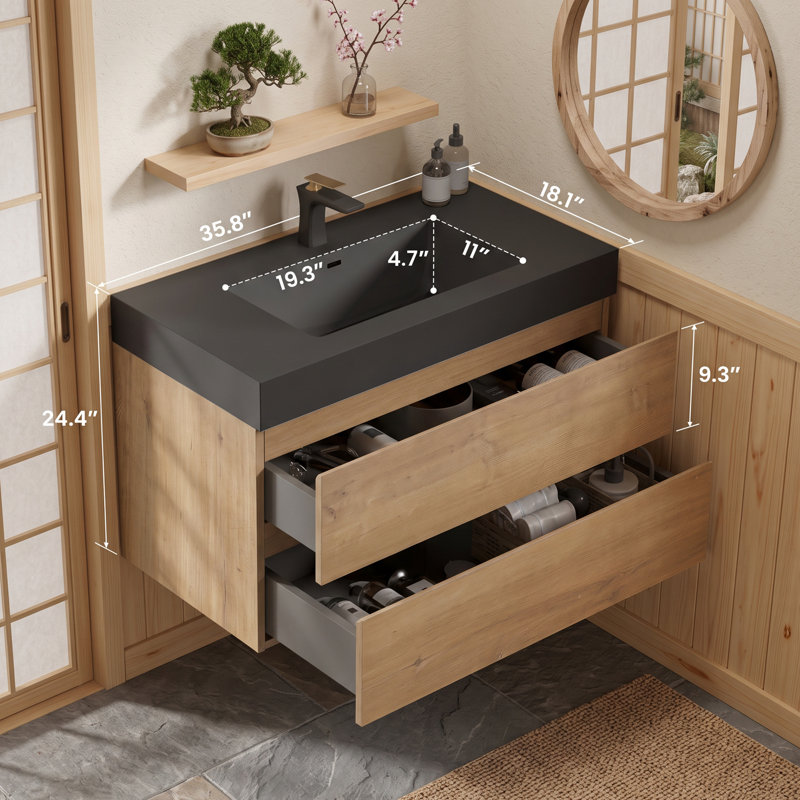 Meuble-lavabo mural simple 36 po avec surface solide 36 po, Chêne