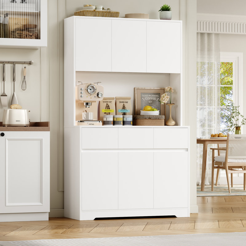 Armoire de cuisine de 71 po de hauteur avec station de charge et lumière DEL Aybike, garde-manger autoportant avec 4 armoires, 3 tiroirs et tablette à micro-ondes, rangement pour huche de cuisine, tablettes réglables