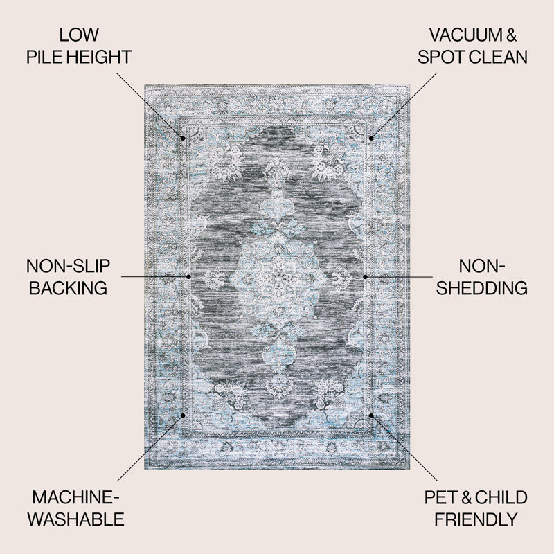 Tapis gris foncé / bleu Elloise Bohemian, Rectangle 3 pi 11 po x 6 pi