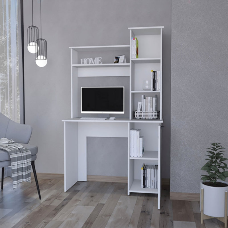 Bureau d'ordinateur à 3 tablettes de rangement, Blanc