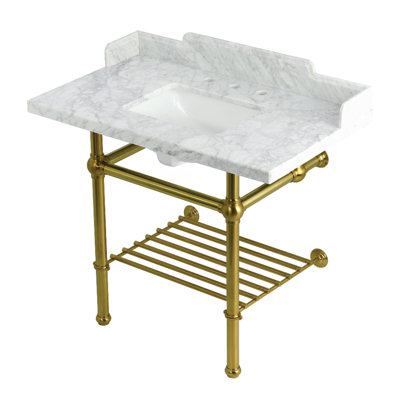 Kingston Brass Pemberton 36-Inch Carrara Marble Console Sink with Brass Legs and Shelf (8-Inch, 3-Hole)