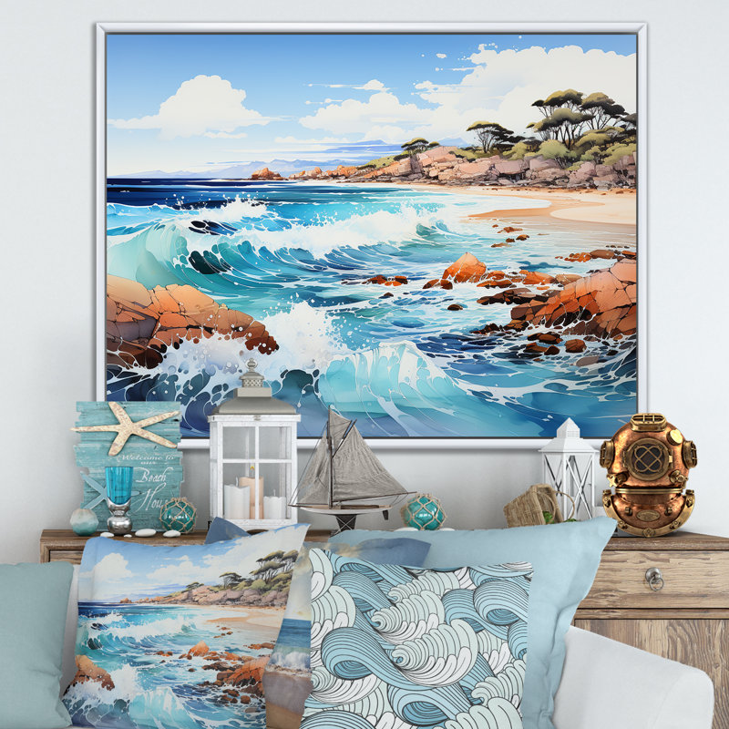 «Blue Beach Waves Fusion IV» - Art mural sur toile nautique et plage, H 34 po x l 44 po x P 1,5 po, Cadre flottant blanc
