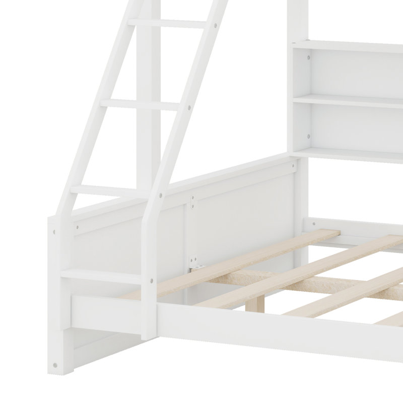 Pine Wood Bunk Bed With Storage Cabinets,Shelves, Ladder, Guardrails And Charging Station, Twin XL Over Queen, Antique White
