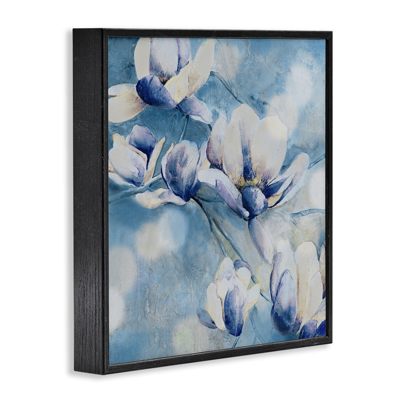 Fleurs bleues et bokeh, estampe numérique, design par Carol Robinson, Giclée encadrée noir minuit, H 12 po x l 12 po