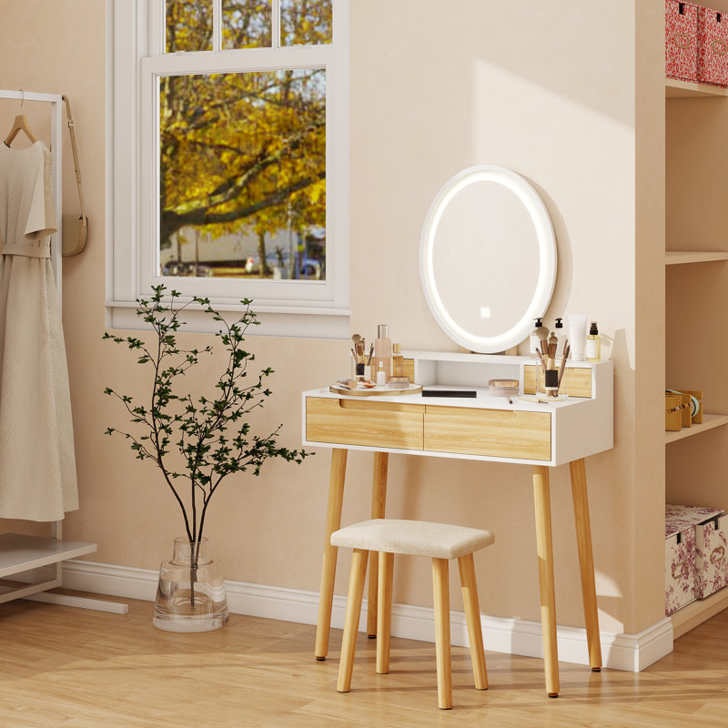 Barther Vanity Table Set with Adjustable Brightness Mirror and Cushioned Stool
