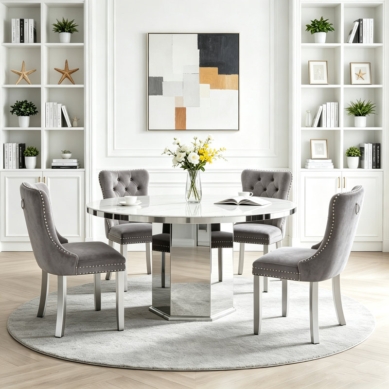 Round Faux Marble Dining Table Set, 47.24"-63" Extendable Oval Dining Table & Tufted Velvet Chairs, Modern Mirrored Kitchen Dining Room Table and Chairs Set