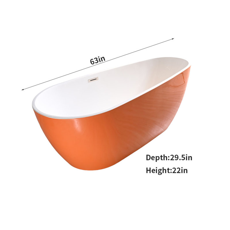 63'' x 29.5'' Freestanding Acrylic Bathtub, Orange/White