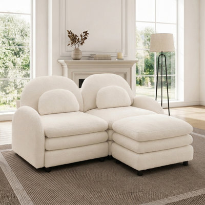 69" Cloud-like Modular Loveseat Sofa with Movable Ottoman and Teddy Fabric