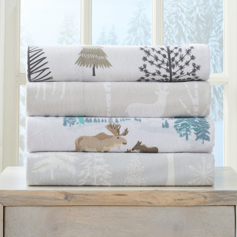 Queen Blue Moose Print Cotton Flannel Sheet Set