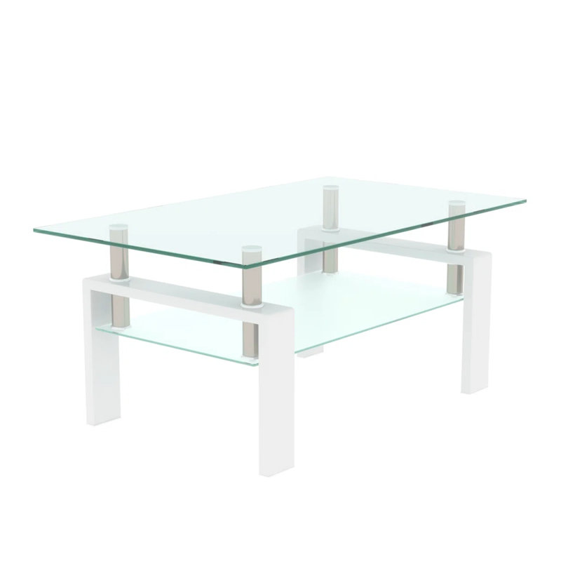 Rectangular Clear Glass Outdoor Coffee Table with White Wooden Legs