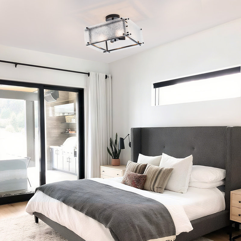 4 Light Glass Geometric Semi Flush Mount, Matte Black