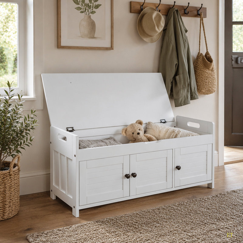 Storage Bench With 3 Shutter-Shaped Doors, Shoe Bench With Removable Cushion And Hidden Storage Space, White