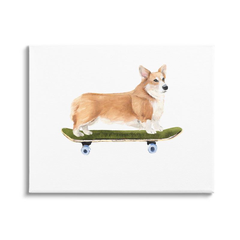Corgi On Skateboard cmw-033, art mural personnalisé, Toile tendue, H 24 po x l 30 po, Oui