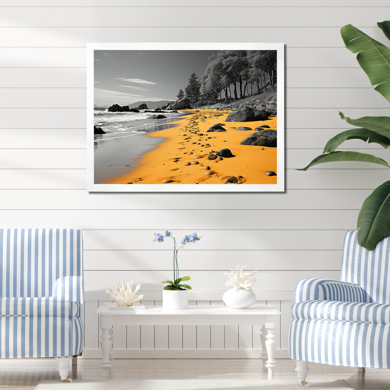 Plage de sable jaune - imprimé, H 16 po x l 32 po x P 1 po, Cadre photo blanc