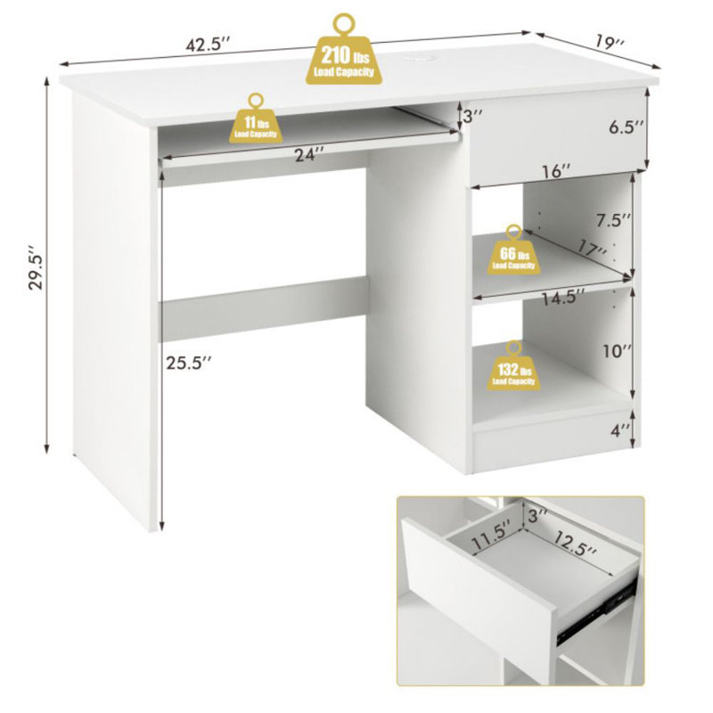Bureau d'ordinateur en bois avec support pour unité centrale, Blanc