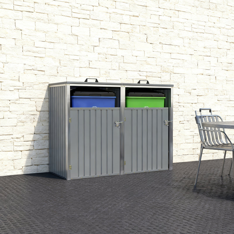 Metal Outdoor Garbage Bin Shed With 54 Cubic Feet Storage, Pneumatic Lid Support, And Dual-Chain Opening System For Garden Or Yard Use.