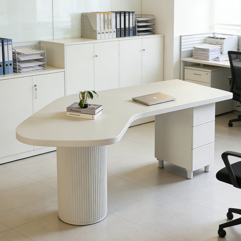 Bureau en bois massif blanc courbé avec 3 tiroirs, H 29,53 po x l 94,49 po x P 43,31 po, Blanc