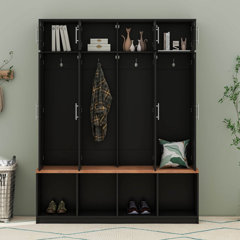 Hall Tree With Bench And Shoe Storage Compartments, Particle Board Multi-Functional Entryway Cabinet With 4 Hanging Hooks