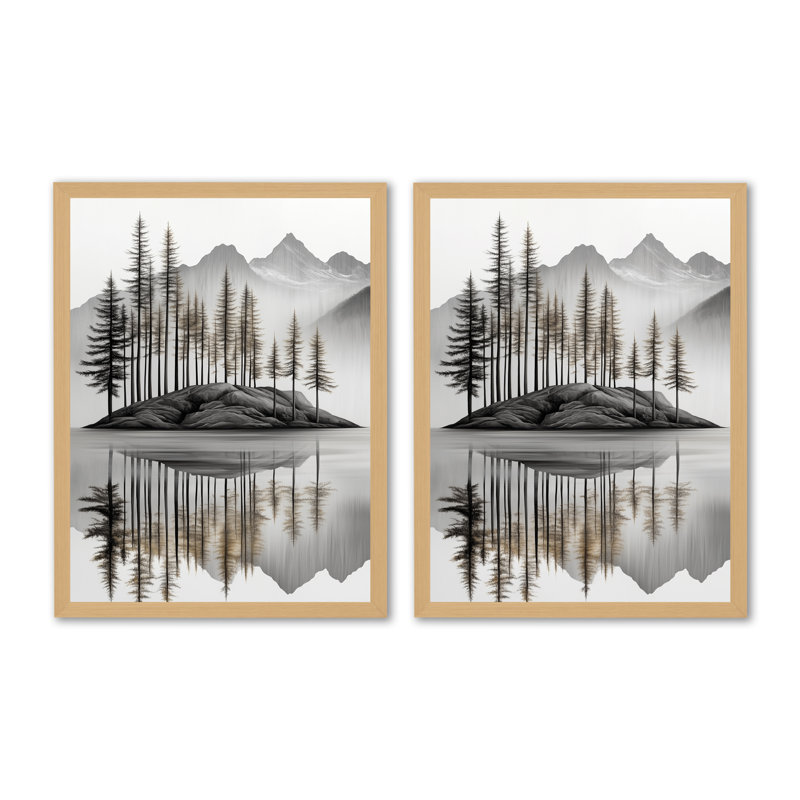 Ensemble de 2 tableaux « Vue élégante sur une île forestière I - Lac et montagnes » pour salon, 32" H x 48" W