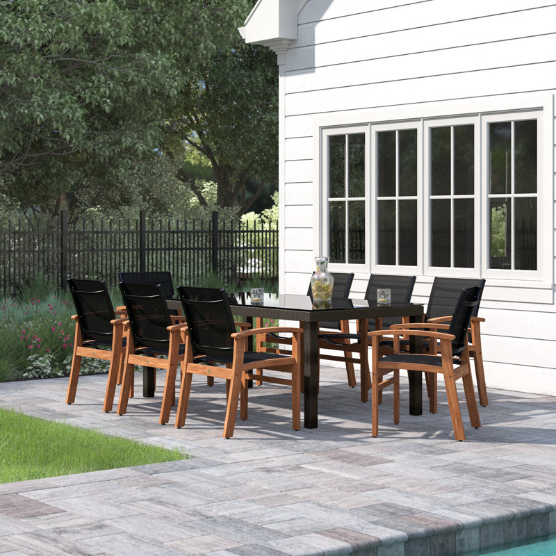 Anautica 8 - Person Teak Wood Patio Dining Set with Rectangular Table, Black