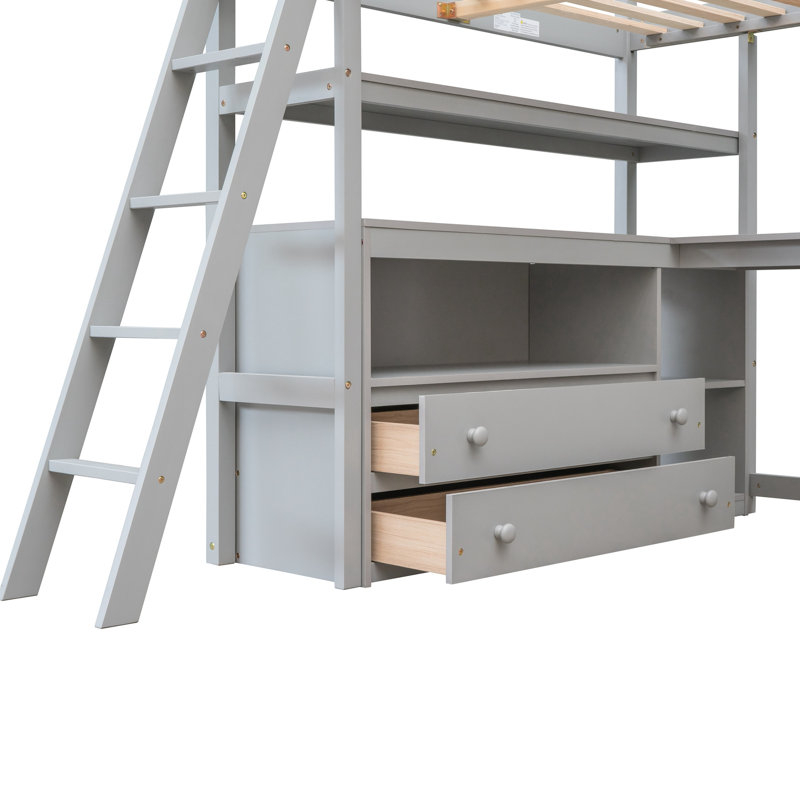 Lit mezzanine double avec bureau et tablettes, fabrication en bois de pin gris pour une grande chambre à coucher, Gris
