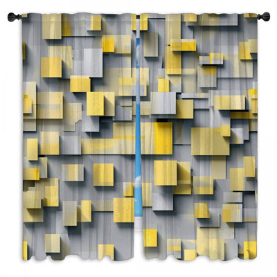 Yellow Gray Squares Window Curtains Geometric Sheer & Room Darkening - 2 Panels