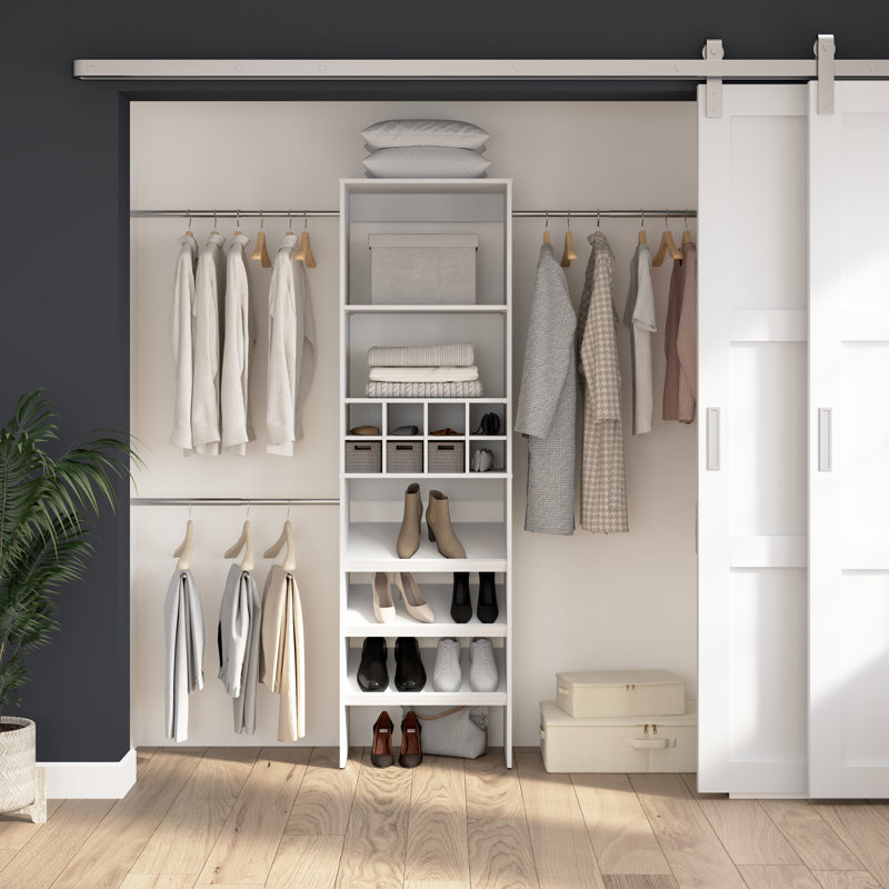 24W Closet Organizer With Shoe Shelves, Clothing Rods And Cubbies