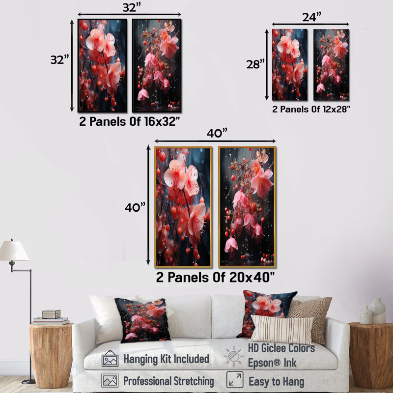 Ethelyn - Ensemble de 2 reproductions d'art sur toile Fuschia, H 40 po x l 41 po, Cadre flottant noir