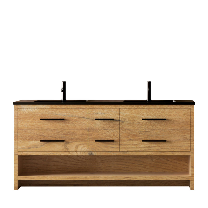 Wicksham 72 po L x 19 po P 6 tiroirs Meuble-lavabo autoportant avec évier double et Comptoir en Quartz noir d'ingénierie
