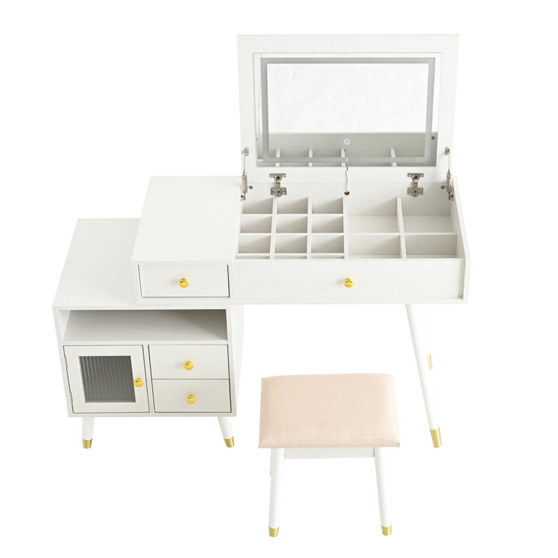 Bureau de coiffeuse 3 en 1 avec miroir basculant éclairé et armoire réglable, coiffeuse à maquillage avec tabouret, Blanc