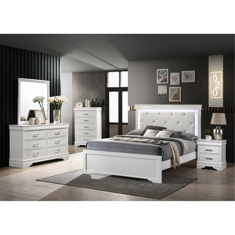 Ensemble de chambre à coucher pour grand lit avec tissu d'ameublement à DEL 5 pièces