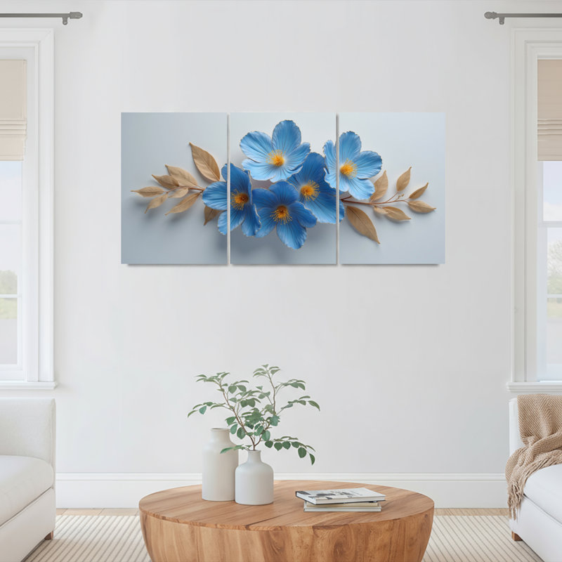 «Blue Floral» et feuilles beiges tendues sur toile, ensemble de 3 reproductions de peintures à l'huile pour salon