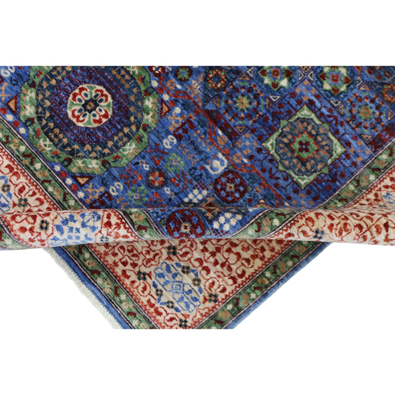Tapis bleu et beige noué à la main de haute qualité