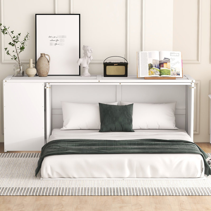 White Bed With Versatile Office Desk, Queen - Framework Removable Study Space Saving,