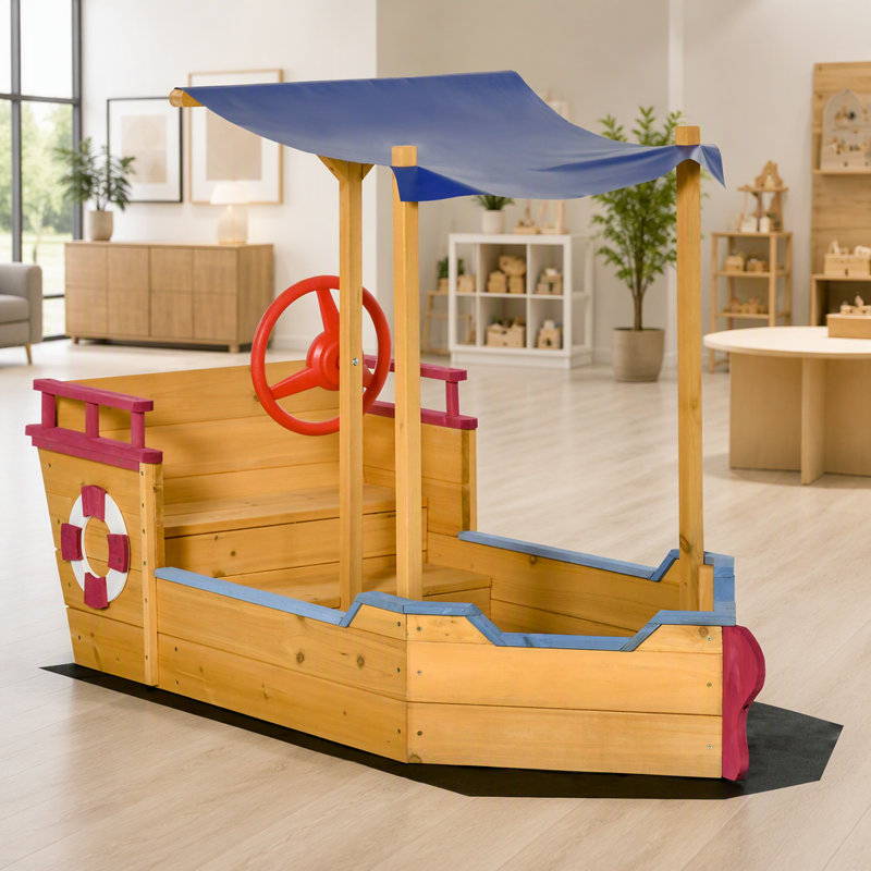 Bac à sable pirate avec housse et safran, bac à sable en bois avec banc de rangement et siège, jouet d'extérieur pour enfants de 3 à 8 ans