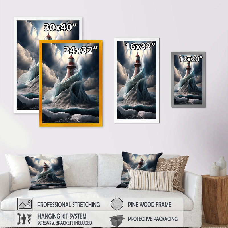 Fantaisie, phare dans l'océan Arctique VI - reproduction sur toile, H 20 po x l 12 po x P 1 po, Cadre noir