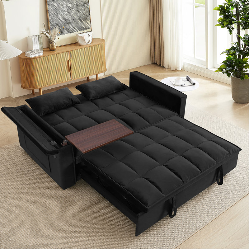 Canapé-lit 55,5 po 3-en-1 pliable, canapé double en velours moderne, canapé-lit à dossier réglable, sac de rangement et oreiller, bureau d'ordinateur portable caché avec port USB, convient au salon, à la chambre à coucher