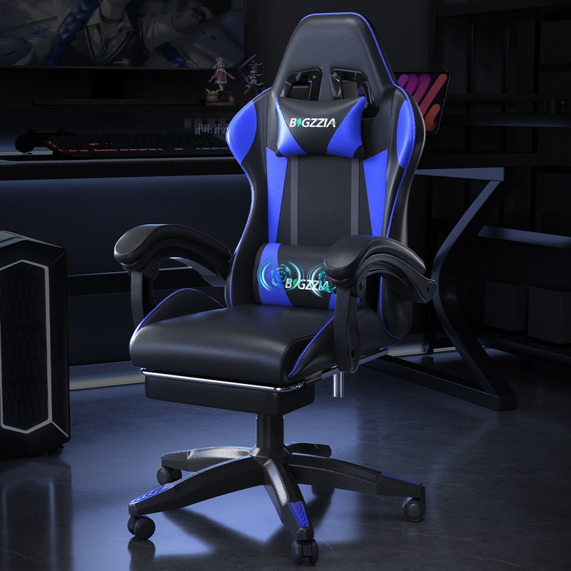 Ergonomic Game Chair with Massage Lumbar Support and Footrest Swivel, Black/Blue