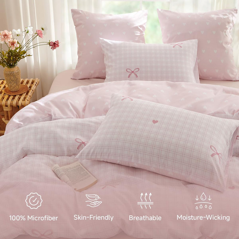 Comforter Set Pink Plaid Bow Ties Comforter Bedding Sets Reversible Pattern Cozy Breathable Microfiber Comforter And Pillowcase