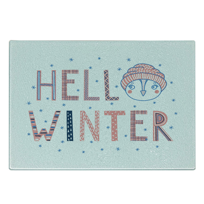 Ambesonne Winter Tempered Glass Cutting Board Hello Text Funny Face Multicolor