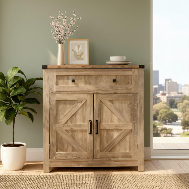 Brown Washed Wood Barn Door Storage Cabinet With Drawers, Suitable For Storage And Décor In Kitchens And Living Rooms., Brown