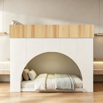 Lit superposé moderne en bois à deux tons avec lumières DEL à bande et lit inférieur découpé en arche